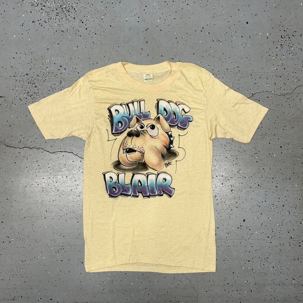 VTG 70s/80s cream airbrush graphic tee with "Bulldog Blair" design